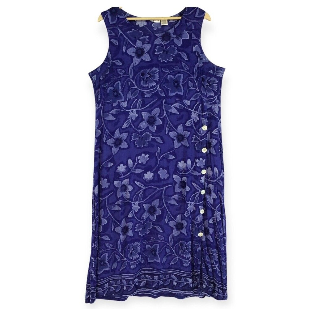 La Cera Maxi Dress Women's XL Blue Gauzy Floral Beachy Capiz Shell Buttons